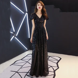 Affordable Black Sequins Evening Dresses 2019 A Line Princess V Neck Short Sleeve Floor Length Long Backless Ruffle Formal Dresses