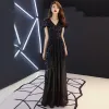 Affordable Black Sequins Evening Dresses  2019 A-Line / Princess V-Neck Short Sleeve Floor-Length / Long Backless Ruffle Formal Dresses