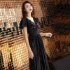 Affordable Black Sequins Evening Dresses  2019 A-Line / Princess V-Neck Short Sleeve Floor-Length / Long Backless Ruffle Formal Dresses