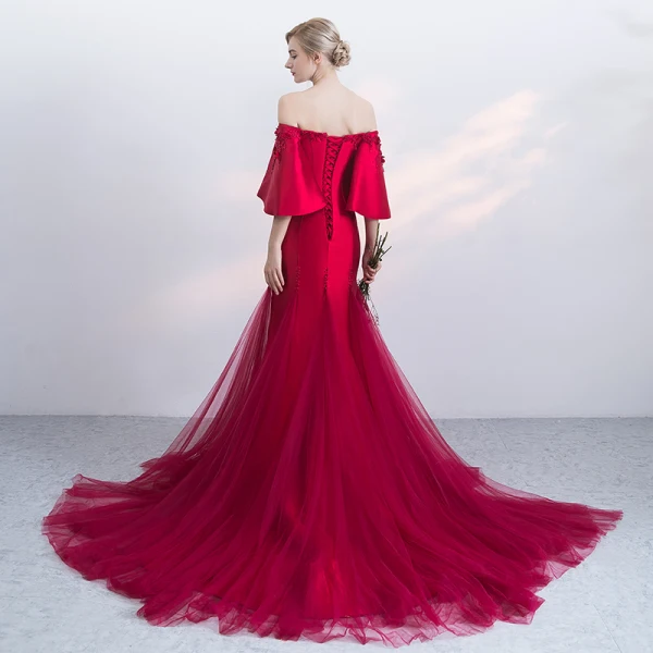 Modern / Fashion Burgundy Evening Dresses 2019 Trumpet / Mermaid Off-The-Shoulder Bell sleeves Appliques Lace Pearl Beading Split Front Court Train Ruffle Backless Formal Dresses