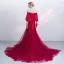 Modern / Fashion Burgundy Evening Dresses  2019 Trumpet / Mermaid Off-The-Shoulder Bell sleeves Appliques Lace Pearl Beading Split Front Court Train Ruffle Backless Formal Dresses