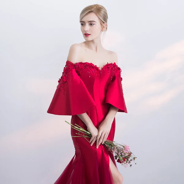 Modern / Fashion Burgundy Evening Dresses 2019 Trumpet / Mermaid Off-The-Shoulder Bell sleeves Appliques Lace Pearl Beading Split Front Court Train Ruffle Backless Formal Dresses