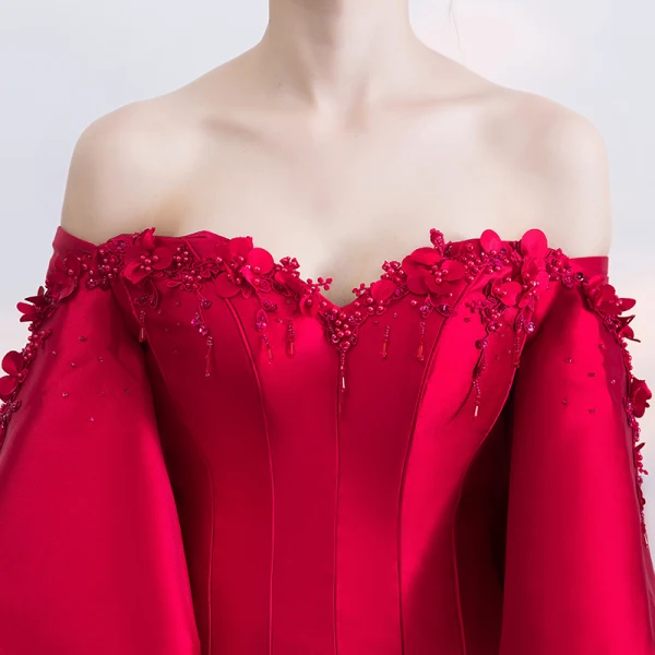 Modern / Fashion Burgundy Evening Dresses 2019 Trumpet / Mermaid Off-The-Shoulder Bell sleeves Appliques Lace Pearl Beading Split Front Court Train Ruffle Backless Formal Dresses