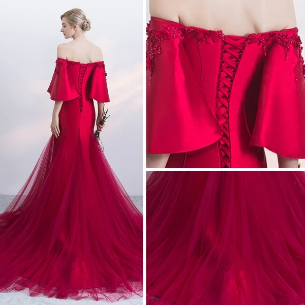 Modern / Fashion Burgundy Evening Dresses 2019 Trumpet / Mermaid Off-The-Shoulder Bell sleeves Appliques Lace Pearl Beading Split Front Court Train Ruffle Backless Formal Dresses