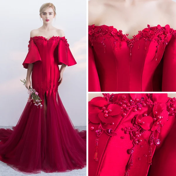 Modern / Fashion Burgundy Evening Dresses 2019 Trumpet / Mermaid Off-The-Shoulder Bell sleeves Appliques Lace Pearl Beading Split Front Court Train Ruffle Backless Formal Dresses