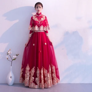 Traditionnel Bordeaux Robe De Soirée Détachable Avec Châle 2019 Princesse Col Haut 3 4 Manches Appliques En Dentelle Longue Volants Robe De Ceremonie