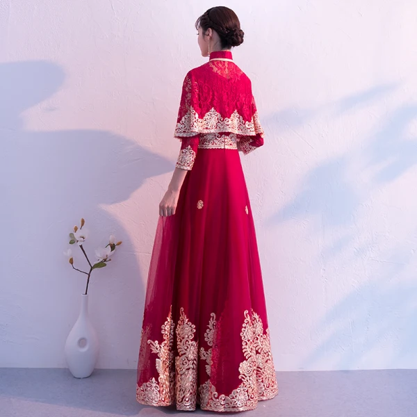 Traditionnel Bordeaux Robe De Soirée Détachable Avec Châle 2019 Princesse Col Haut 3/4 Manches Appliques En Dentelle Longue Volants Robe De Ceremonie