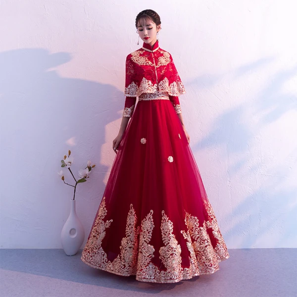 Traditionnel Bordeaux Robe De Soirée Détachable Avec Châle 2019 Princesse Col Haut 3/4 Manches Appliques En Dentelle Longue Volants Robe De Ceremonie