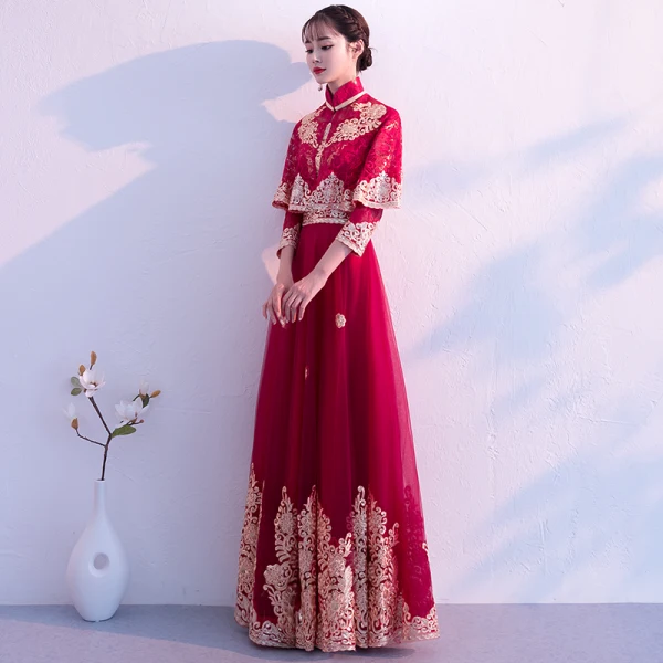 Traditionnel Bordeaux Robe De Soirée Détachable Avec Châle 2019 Princesse Col Haut 3/4 Manches Appliques En Dentelle Longue Volants Robe De Ceremonie