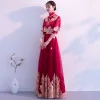 Traditional Burgundy Evening Dresses  Detachable With Shawl 2019 A-Line / Princess High Neck 3/4 Sleeve Appliques Lace Floor-Length / Long Ruffle Formal Dresses