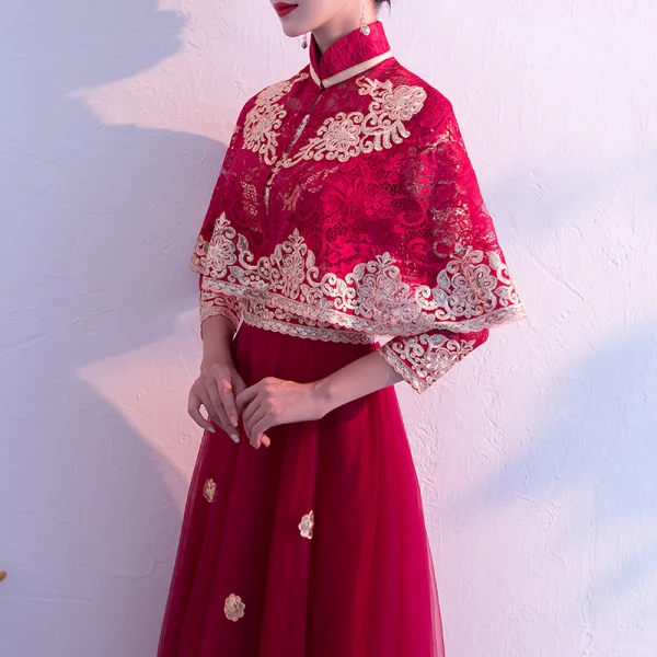 Traditionnel Bordeaux Robe De Soirée Détachable Avec Châle 2019 Princesse Col Haut 3/4 Manches Appliques En Dentelle Longue Volants Robe De Ceremonie