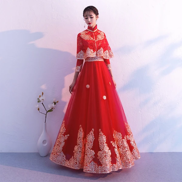 Traditionnel Bordeaux Robe De Soirée Détachable Avec Châle 2019 Princesse Col Haut 3/4 Manches Appliques En Dentelle Longue Volants Robe De Ceremonie