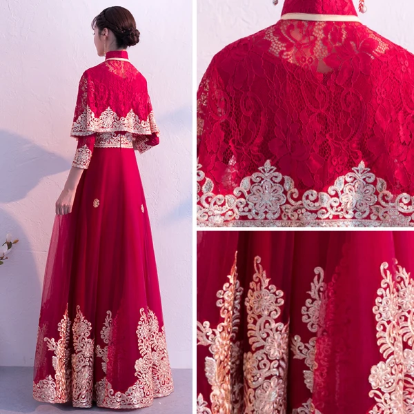 Traditionnel Bordeaux Robe De Soirée Détachable Avec Châle 2019 Princesse Col Haut 3/4 Manches Appliques En Dentelle Longue Volants Robe De Ceremonie