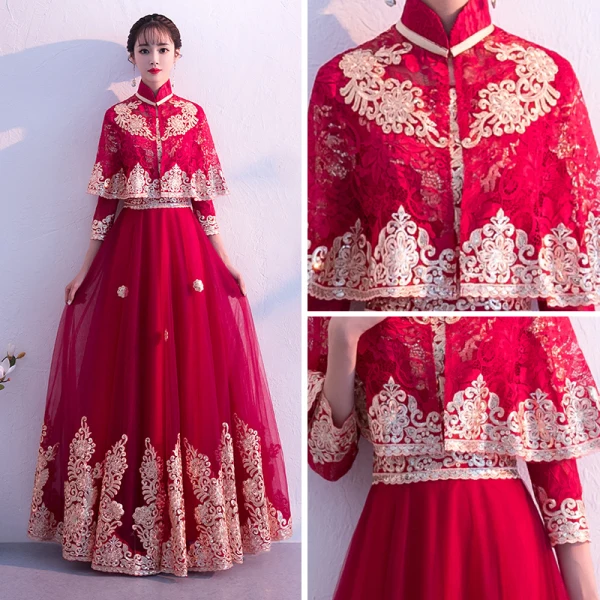 Traditionnel Bordeaux Robe De Soirée Détachable Avec Châle 2019 Princesse Col Haut 3/4 Manches Appliques En Dentelle Longue Volants Robe De Ceremonie