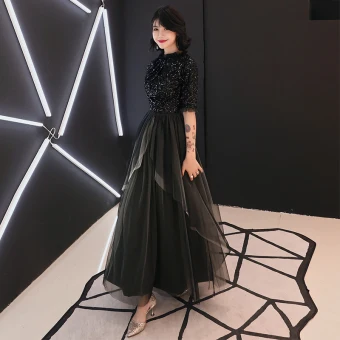 Élégant Noire Robe De Soirée 2019 Princesse Encolure Dégagée 1 2 Manches Glitter Paillettes Longueur Cheville Volants Robe De Ceremonie