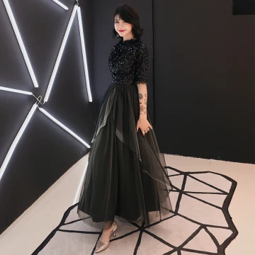 Elegante Schwarz Abendkleider 2019 A Linie Rundhalsausschnitt 1 2 Ärmel Glanz Pailletten Knöchellänge Rüschen Festliche Kleider