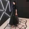 Elegant Black Evening Dresses  2019 A-Line / Princess Scoop Neck 1/2 Sleeves Glitter Sequins Ankle Length Ruffle Formal Dresses