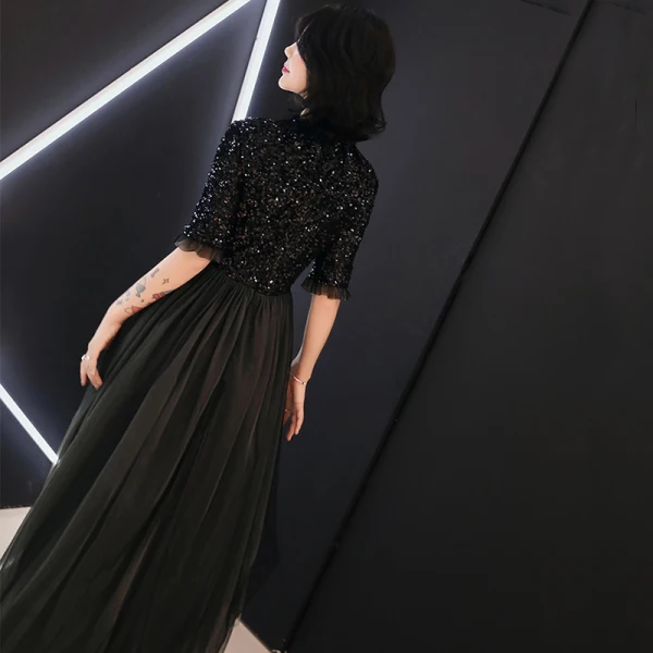 Elegante Schwarz Abendkleider 2019 A Linie Rundhalsausschnitt 1/2 Ärmel Glanz Pailletten Knöchellänge Rüschen Festliche Kleider