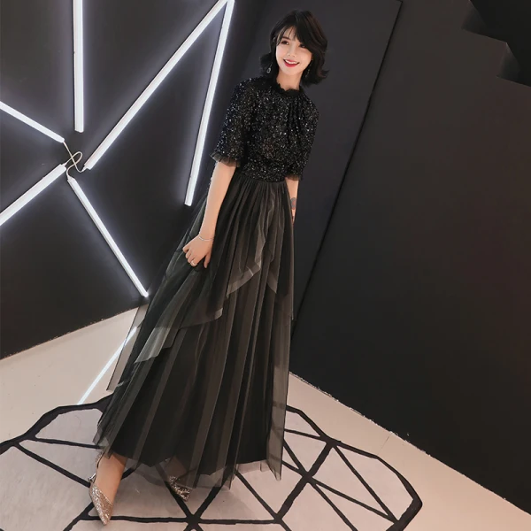 Elegante Schwarz Abendkleider 2019 A Linie Rundhalsausschnitt 1/2 Ärmel Glanz Pailletten Knöchellänge Rüschen Festliche Kleider