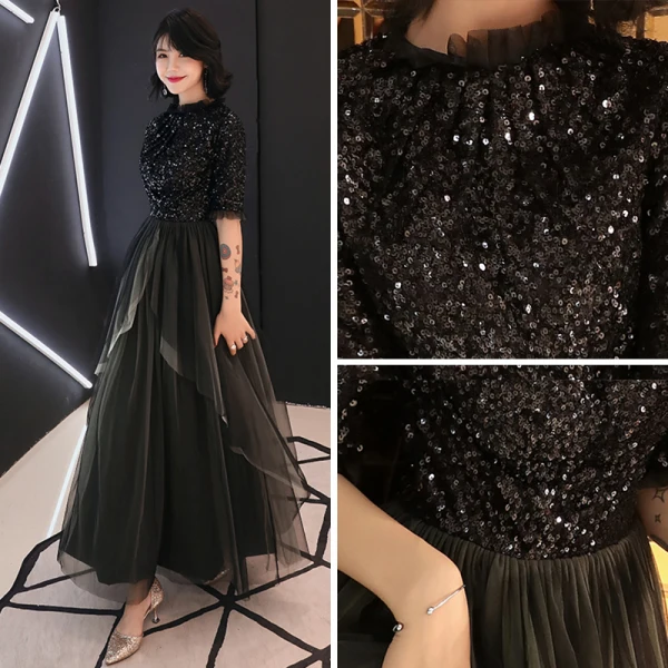 Elegante Schwarz Abendkleider 2019 A Linie Rundhalsausschnitt 1/2 Ärmel Glanz Pailletten Knöchellänge Rüschen Festliche Kleider
