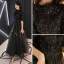 Elegante Schwarz Abendkleider 2019 A Linie Rundhalsausschnitt 1/2 Ärmel Glanz Pailletten Knöchellänge Rüschen Festliche Kleider
