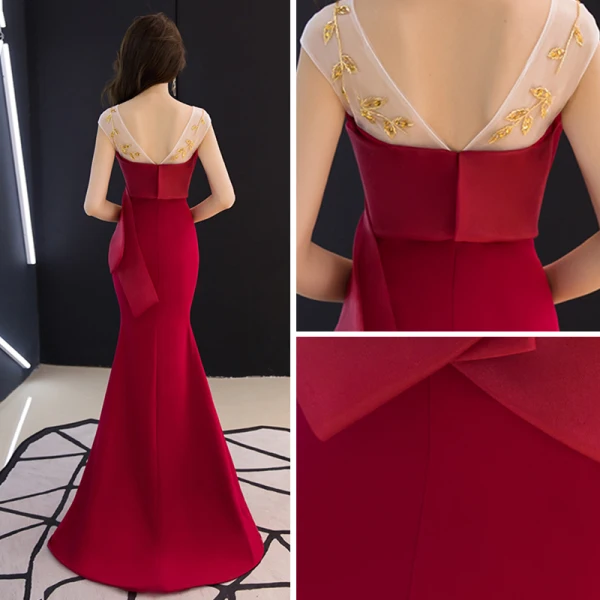 Élégant Bordeaux Transparentes Robe De Soirée 2019 Trompette / Sirène Encolure Dégagée Sans Manches Perlage Train De Balayage Volants Dos Nu Robe De Ceremonie