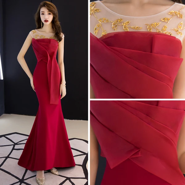 Élégant Bordeaux Transparentes Robe De Soirée 2019 Trompette / Sirène Encolure Dégagée Sans Manches Perlage Train De Balayage Volants Dos Nu Robe De Ceremonie