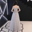 Élégant Gris Robe De Soirée 2019 Princesse De l'épaule Manches Courtes Appliques En Dentelle Perlage Paillettes Longue Volants Dos Nu Robe De Ceremonie