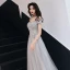 Élégant Gris Robe De Soirée 2019 Princesse De l'épaule Manches Courtes Appliques En Dentelle Perlage Paillettes Longue Volants Dos Nu Robe De Ceremonie