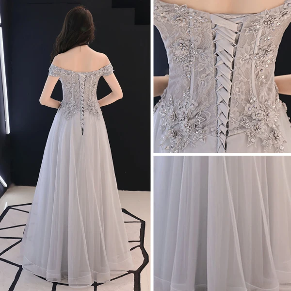 Élégant Gris Robe De Soirée 2019 Princesse De l'épaule Manches Courtes Appliques En Dentelle Perlage Paillettes Longue Volants Dos Nu Robe De Ceremonie