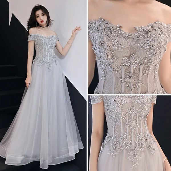 Élégant Gris Robe De Soirée 2019 Princesse De l'épaule Manches Courtes Appliques En Dentelle Perlage Paillettes Longue Volants Dos Nu Robe De Ceremonie