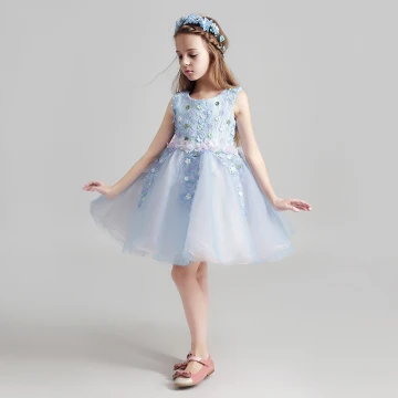 Chic Beautiful Sky Blue Flower Girl Dresses 2017 Ball Gown Scoop Neck Sleeveless Appliques Lace Flower Short Ruffle Wedding Party Dresses