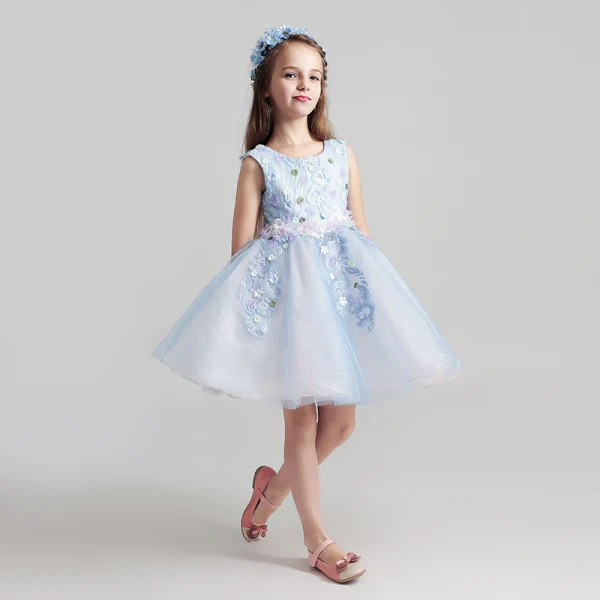 Chic / Beautiful Sky Blue Flower Girl Dresses 2017 Ball Gown Scoop Neck Sleeveless Appliques Lace Flower Short Ruffle Wedding Party Dresses
