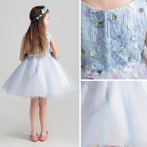 Chic / Beautiful Sky Blue Flower Girl Dresses 2017 Ball Gown Scoop Neck Sleeveless Appliques Lace Flower Short Ruffle Wedding Party Dresses