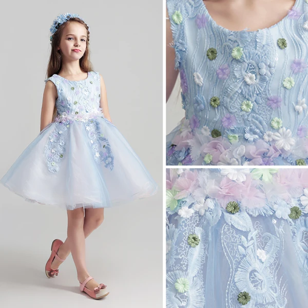 Chic / Beautiful Sky Blue Flower Girl Dresses 2017 Ball Gown Scoop Neck Sleeveless Appliques Lace Flower Short Ruffle Wedding Party Dresses