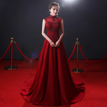 Vintage Retro Burgundy See Through Evening Dresses 2019 A Line Princess High Neck Sleeveless Beading Court Train Ruffle Backless Formal Dresses