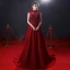 Vintage / Retro Burgundy See-through Evening Dresses  2019 A-Line / Princess High Neck Sleeveless Beading Court Train Ruffle Backless Formal Dresses