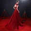Vintage / Retro Burgundy See-through Evening Dresses  2019 A-Line / Princess High Neck Sleeveless Beading Court Train Ruffle Backless Formal Dresses