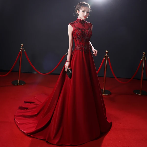 Vintage / Retro Burgundy See-through Evening Dresses 2019 A-Line / Princess High Neck Sleeveless Beading Court Train Ruffle Backless Formal Dresses
