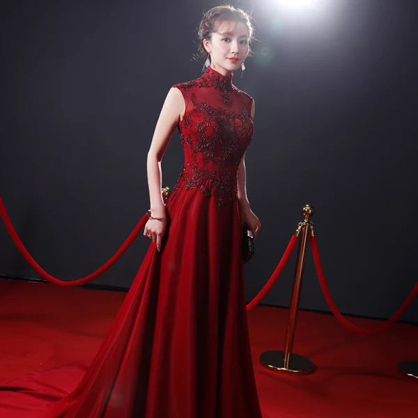Vintage / Retro Burgundy See-through Evening Dresses 2019 A-Line / Princess High Neck Sleeveless Beading Court Train Ruffle Backless Formal Dresses