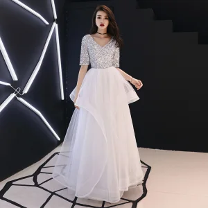 Chic Beautiful Ivory Evening Dresses 2019 A Line Princess V Neck 1 2 Sleeves Sequins Floor Length Long Cascading Ruffles Backless Formal Dresses