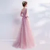 Romantic Candy Pink Prom Dresses 2019 A-Line / Princess V-Neck Bell sleeves Appliques Lace Flower Beading Floor-Length / Long Ruffle Backless Formal Dresses
