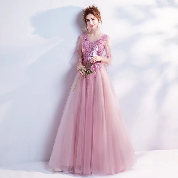 Romantic Candy Pink Prom Dresses 2019 A-Line / Princess V-Neck Bell sleeves Appliques Lace Flower Beading Floor-Length / Long Ruffle Backless Formal Dresses