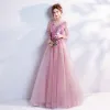 Romantic Candy Pink Prom Dresses 2019 A-Line / Princess V-Neck Bell sleeves Appliques Lace Flower Beading Floor-Length / Long Ruffle Backless Formal Dresses