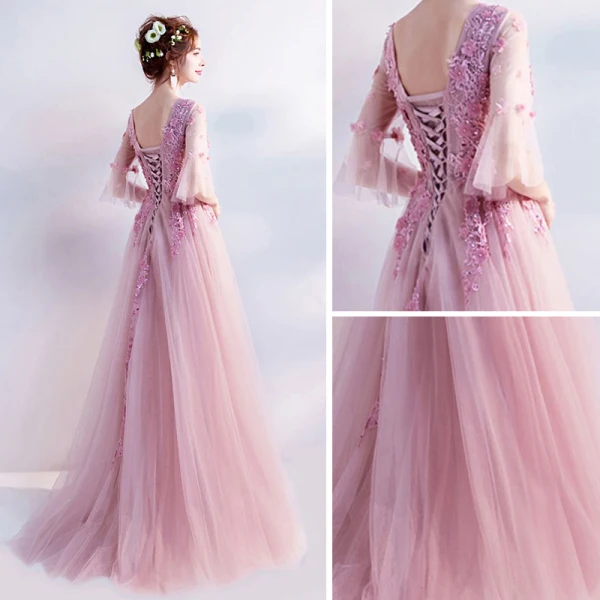 Romantic Candy Pink Prom Dresses 2019 A-Line / Princess V-Neck Bell sleeves Appliques Lace Flower Beading Floor-Length / Long Ruffle Backless Formal Dresses