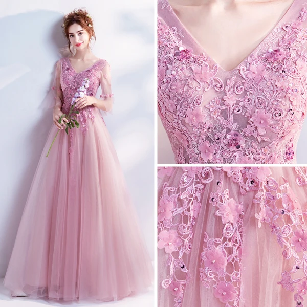 Romantic Candy Pink Prom Dresses 2019 A-Line / Princess V-Neck Bell sleeves Appliques Lace Flower Beading Floor-Length / Long Ruffle Backless Formal Dresses