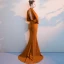 Luxe Tan Robe De Soirée 2019 Trompette / Sirène Col Haut Manches Longues Perlage Ceinture Fendue devant Tribunal Train Volants Dos Nu Robe De Ceremonie