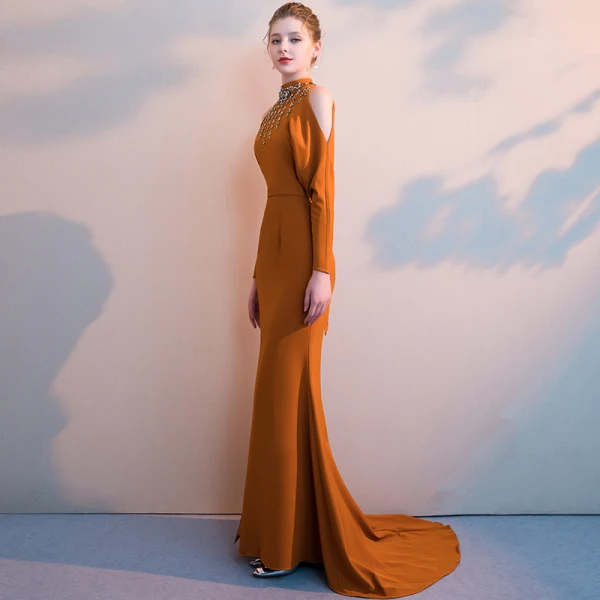 Luxe Tan Robe De Soirée 2019 Trompette / Sirène Col Haut Manches Longues Perlage Ceinture Fendue devant Tribunal Train Volants Dos Nu Robe De Ceremonie