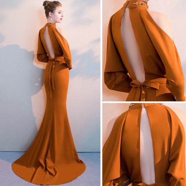 Luxe Tan Robe De Soirée 2019 Trompette / Sirène Col Haut Manches Longues Perlage Ceinture Fendue devant Tribunal Train Volants Dos Nu Robe De Ceremonie