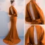 Luxe Tan Robe De Soirée 2019 Trompette / Sirène Col Haut Manches Longues Perlage Ceinture Fendue devant Tribunal Train Volants Dos Nu Robe De Ceremonie